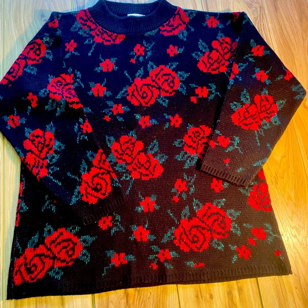 MATHIAS- Red Shimmer Rose on Black Sweater, PS